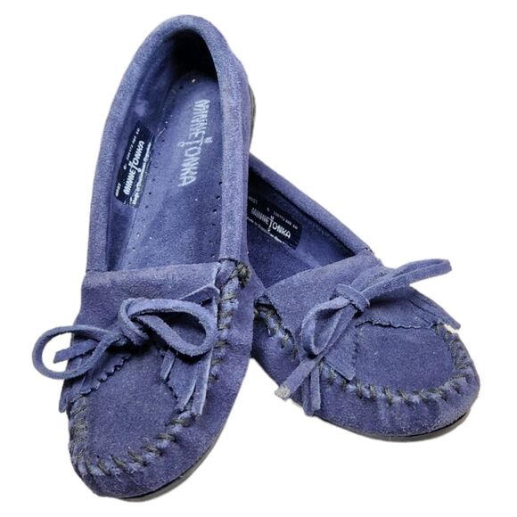 Minnetonka Moccasin Shoes Women's Kilty Hardsole Suede Blue Flat Tassel Bow 6 - Picture 12 of 12